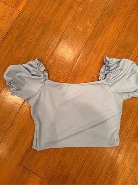 Pastel Blue Ribbed Puff Sleeve Crop Top